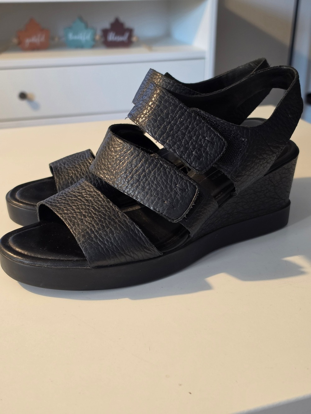Ecco Black Leather Wedge Sandals with Adjustable Straps